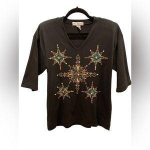 Vintage Peter Valentine Sequin & Beaded Black Blouse -Medium, with Shoulder Pads